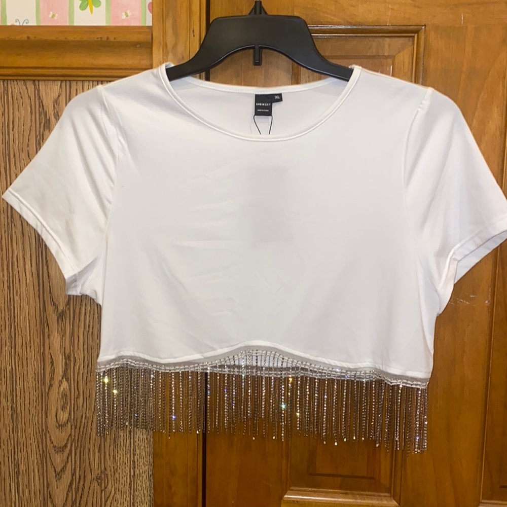 SHEIN X SRV plus fringe hem crop tee